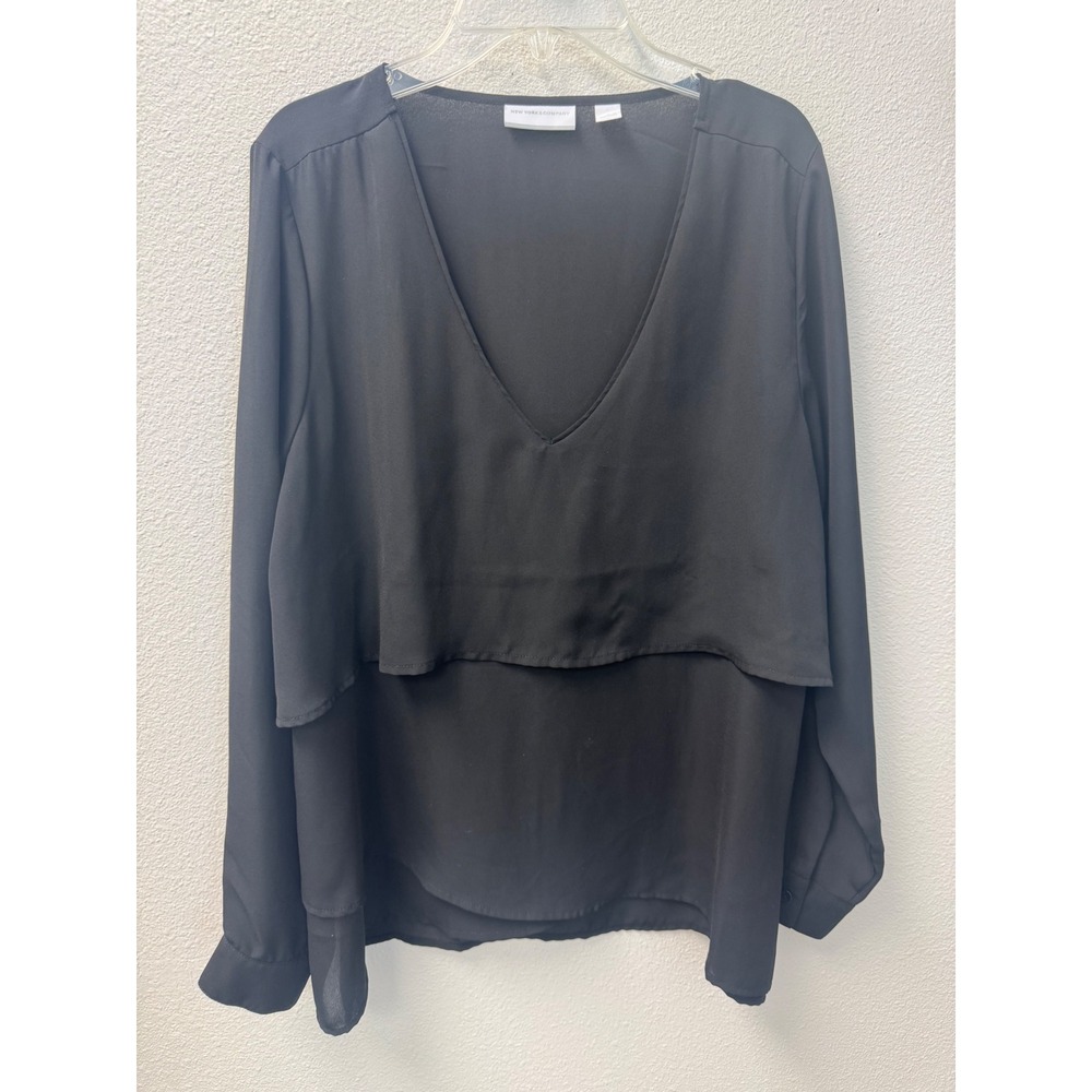 New York & Company Layered Blouse V-Neck Long Sleeve Top Black‎ Size S